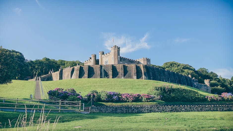 A scenic view of a historic castle situated atop a grassy hill with a stone wall and a pathway leading up to it, surrounded by lush green trees and vibrant purple and pink flowering bushes. The sky ab