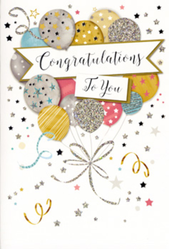 In this image, a refined congratulations card stands against a simple backdrop, its artwork evoking the soft excitement of a well-earned celebration in Forest Hill. The design showcases a generous cluster of floating balloons, grouped naturally in the centre and rising towards the top of the card as if lifted by a quiet breeze. Each balloon is rendered in rounded, gently shaded forms that create a velvety, luminous effect. The colour scheme is harmoniously blended: muted gold, satin silver, pale champagne, powdery sky blue, delicate blush pink, and misty grey. Some balloons carry intricate metallic stripes; others are dusted with clusters of miniature stars or scattered glitter-like dots, which catch the light as though they had been touched by the last rays of sunset over Horniman Gardens. From the bottom of this balloon bouquet, elegant strings drift downward in long, curving lines of gold and silver, crossing and looping in a pattern that feels both casual and deliberately composed, just like the ribbon tails on a hand-tied bouquet prepared by Forest Hill Flowers. Around the balloons, small stars, curls of confetti, and swirling streamers appear to float freely across a soft, pale background, adding a sense of animation without clutter. Cutting through the middle of the composition is a gently unfurling banner, its ends curling upwards in a refined flourish. The words Congratulations To You are written across it in sophisticated, calligraphic script, slightly glossy and raised to create a gentle tactile contrast. The entire scene radiates understated joy, admiration, and warmth-perfect for congratulating someone on exam results, a new job, a promotion in the city, or any milestone worth savouring. It feels like a paper counterpart to fresh flowers delivered locally, both capturing that proud, luminous moment in time.