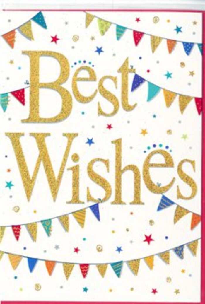 Captured in the photograph is a joyous congratulations card that blends simple design with an air of everyday festivity, reminiscent of Forest Hill's relaxed neighbourhood charm. The card's base is a soft, clean white, smooth and luminous, giving the whole piece a bright, airy feel. Anchoring the design in the centre, the phrase Best Wishes is written in an elegant cursive script, its lines flowing confidently from one letter to the next. The words are printed in a metallic gold tone with a delicate dusting of glitter, so the lettering looks slightly raised and catches the light like tiny flecks of sunshine. Arcing across the upper and lower portions of the card are strings of decorative bunting, each strand a graceful curve that frames the message. The bunting flags are tiny, perfectly spaced triangles in jubilant hues-crimson, cobalt, lime, sunny yellow, teal, and magenta-with some featuring small dot or stripe patterns that feel playful and hand-drawn. Scattered gently across the open spaces are sparkling star icons and little coloured dots, emulating confetti tossed into the air during a moment of good news. The stars vary slightly in size and tone, while the dots punctuate the white background with points of colour, adding movement without overwhelming the eye. The card exudes a mood of gentle excitement and heartfelt support, making it ideal to accompany a bouquet celebrating a promotion, graduation, or new venture anywhere from Forest Hill to nearby Honor Oak Park. It's the kind of understated yet cheerful design a local florist would gladly pair with vibrant blooms to deliver warm congratulations and encouragement.