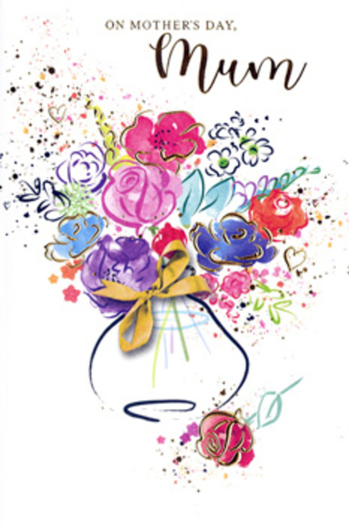 Expressive Mother's Day card artwork depicting a colourful, loosely painted bouquet that captures the spirit of Forest Hill on a bright spring morning. Broad swathes of cerise, blush pink, and hot magenta form the main blossoms, their shapes guided by flowing indigo strokes that add structure without losing the softness of watercolour. Between these larger blooms nestle smaller hints of lavender and sky blue, while delicate green leaves and stems weave throughout, echoing the layered foliage seen in Horniman Gardens' borders. Subtle flecks and outlines of gold shimmer across the petals and foliage, offering a suggestion of metallic sheen that feels celebratory yet refined. The bouquet seems to float amid a halo of playful paint splatters and tiny hearts, as if memories, laughter, and children's voices swirl around the flowers. Anchoring this joyful display is a simply rendered vase, its gentle curves finished with an elegant golden bow evoking the moment just before a beautifully wrapped bouquet leaves a Forest Hill florist for same-day delivery along London Road or up towards Forest Hill station. The overall impression is of a tender tribute to mums-vibrant, layered, and full of depth-capturing not only the beauty of flowers but also the love and appreciation they are meant to carry.