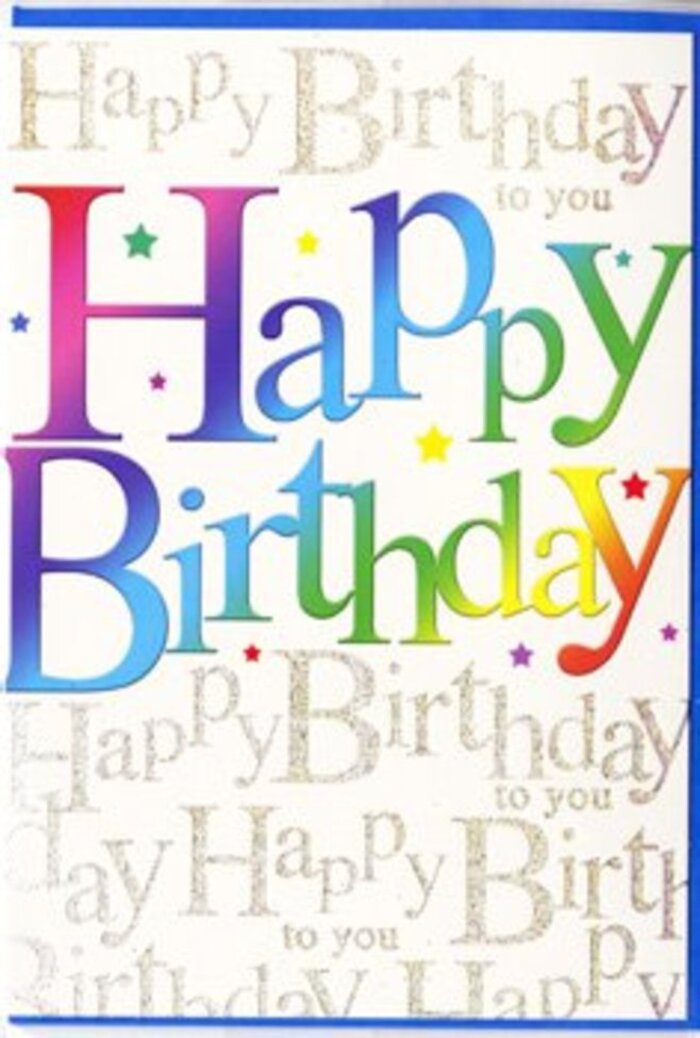 In this image, a vividly coloured birthday card radiates warmth and joy, much like a lively gathering in a Forest Hill café on a celebratory afternoon. The central focus is the phrase Happy Birthday, sweeping confidently across the card in large, rounded lettering that seems to hover just above the surface. Each letter glows in its own colour, yet blends seamlessly into the next so the whole greeting forms a gentle rainbow band-ruby and raspberry tones glide into rich orange and buttery yellow, then transition into fresh grassy greens, sea blues, and deep amethyst purples. Soft gradients and careful shading give the letters a slightly curved, three-dimensional effect, reminiscent of inflated balloons or carefully crafted sugar letters on a birthday cake. Sprinkled around the text are small, bright stars and tiny dots of colour, scattered like confetti that has just settled after being tossed into the air with a shout of happy birthday. Behind this dynamic foreground, the background provides a layer of quiet elegance: lines of Happy Birthday to you written in slender, flowing gold cursive repeat evenly across the entire surface. This golden script appears subtly glittered, catching the light with a gentle shimmer that enhances, rather than competes with, the rainbow headline, much like the soft glow of streetlights along Dartmouth Road at dusk. The card's finish looks smooth, with a light sheen that reflects just enough light to highlight the metallic details. It's easy to imagine this card resting beside a vase of fresh blooms on a Forest Hill windowsill, its colourful design adding to the sense of occasion and making anyone who receives it feel truly celebrated.