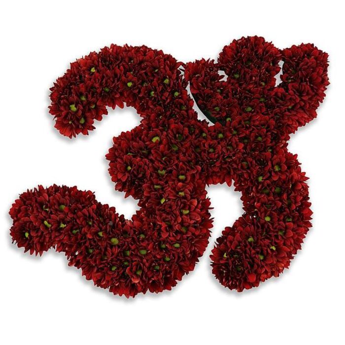 A boldly expressive floral sculpture of the number '33' fashioned from hundreds of tiny, button-style chrysanthemums, their petals a deep burgundy-crimson that reads almost velvety to the eye. Each numeral - the two matching '3's - is densely massed so the surface becomes plush and tactile, the flowers so close together they form an unbroken plane of colour punctuated here and there by delicate green centers or small leaflets that add a speckled, organic counterpoint. The piece sits on a clean white field in studio light, which deepens the reds and produces a soft, diffuse shadow beneath; this subtle shadow suggests the numbers are slightly lifted from the surface, adding dimensionality as if the 33 were resting on the edge of being both object and symbol. The effect is celebratory and significant: it might mark a 33rd birthday, a meaningful anniversary, a commemorative jersey number, or a memorial dedication. The craftsmanship is confident and compassionate - each tiny bloom chosen and placed to create a unified, substantial presence rather than a casual cluster. As a local creation from Forest Hill, the arrangement would harmonise with events at nearby venues like Forest Hill's community hall or private celebrations along Perry Vale, conveying both elegance and emotional weight. The overall impression is one of dignified festivity: deep-coloured flowers assembled into a tactile numeral that feels both handcrafted and ceremonially composed.