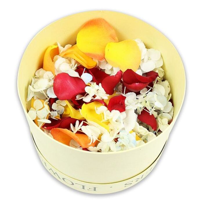 The photograph showcases a round gift box in a soft cream-to-pale-yellow hue, positioned centrally on a seamless white background that gives the image a clean, modern feel. The box, reminiscent of a hatbox, has subtle raised or printed lettering near the top reading FLOWERS, a quiet indication of its purpose without drawing attention away from the contents. From a slightly elevated viewpoint, the open box is seen overflowing with a rich assortment of dried petals, forming a gentle mound above the rim. The petals create a warm, harmonious palette: deep crimson red rose petals convey depth of feeling and respect, while cheerful yellows and mellow peach-orange tones introduce a softer, more comforting energy, echoing the shifting light over Forest Hill's hillsides. Interspersed among these larger petals are hundreds of tiny white hydrangea-like florets, with occasional hints of the palest blue. Their fragile, papery texture contrasts beautifully with the smooth, velvety petals around them, adding a layer of fine detail that speaks to careful, artisan preparation. The petals appear well-preserved, edges delicately curled and colours gently muted rather than faded, suggesting they were dried at their peak by experienced hands. With no other objects present, the focus remains entirely on this botanical arrangement, inviting the viewer to imagine the soft rustle and gentle fragrance of the petals. The overall mood is one of quiet remembrance and tenderness, making this collection suitable for scattering at a funeral or celebration of life, decorating a remembrance corner in a Forest Hill home, or offering as an eco-conscious tribute that honours a loved one with natural beauty rather than elaborate formality.