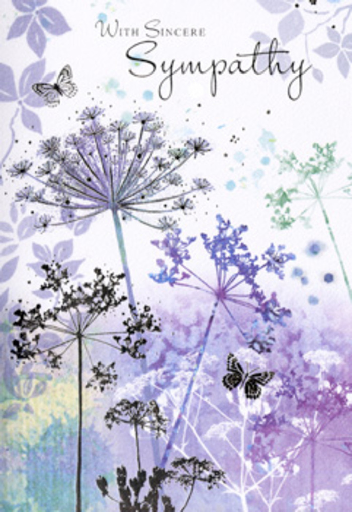 There is a contemplative beauty in this sympathy card's design, reminiscent of pausing on a quiet street in Forest Hill, hearing only the faint rustle of leaves. The foreground is filled with tall, slender wildflowers that arch gracefully upwards, their umbelliferous heads rendered in fine, almost filigree detail. Each bloom is picked out in shades of violet, powder blue, and softened lavender, with hints of silvery green threading through the stems. The flowers have the look of wild blossoms you might notice along the edges of a path near Dulwich Wood-unassuming, yet full of quiet character. Behind them, the background is a gentle blur of colour, where cool purples and misty blues dissolve into one another, evoking early morning light or the hush of evening. Two butterflies hover delicately above the petals, their softly tinted wings semi-transparent, giving them an ethereal, almost weightless presence. They suggest continuity and the gentle unfolding of life, even in the midst of loss. The lighting is diffuse and even, with no harsh contrasts, lending a sense of calm that settles over the whole composition. As a florist serving the Forest Hill community, I'm struck by how faithfully this design captures the way nature comforts-quietly, without insistence. This card feels like an invitation to pause and remember, to let thoughts of a loved one drift gently through the mind like the butterflies between these flowers. It's a thoughtful choice when you want to express sympathy with grace and depth, allowing the card's delicate wildflowers and soft colours to convey a message of support that lingers softly in the heart.