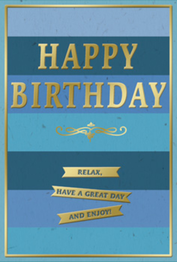In this image, a thoughtfully designed birthday card stands upright, its calm blue stripes and glowing gold details combining to create a mood of relaxed celebration, much like the easy pace of a weekend morning in Forest Hill. The background is made from broad, horizontal bands of blue that run from one side of the card to the other. The uppermost stripes are deep and rich, with tones of navy and midnight blue, gradually moving through softer, more open shades-royal, teal, and finally pale sky blue-towards the lower portion. This layered effect gives the impression of depth and gentle movement, as if you were looking out over a long, still horizon. Across the centre of the card, the message HAPPY BIRTHDAY appears in striking, embossed gold letters. The metallic finish catches the light, revealing tiny highlights and soft reflections along every edge, so the greeting seems to glow without being overpowering. Beneath it, a graceful golden flourish sweeps outwards in a symmetrical, ornamental pattern, bridging the central greeting and the words below. In the lower part of the card, three slim gold banners are arranged neatly one beneath another. Each ribbon is embossed with a fragment of a warm, simple wish that together reads: Relax, have a great day and enjoy! A narrow gold line frames the entire design along the edges, adding a sense of polish and completeness, like the final ribbon tied around a gift. The lighting is even and gentle, allowing the contrast between the matte blue background and the gleaming gold embellishments to stand out. One can easily imagine this card accompanying a hand-delivered bouquet in Forest Hill, perhaps placed on a coffee table near London Road, ready to offer a moment of calm pleasure to the birthday recipient.