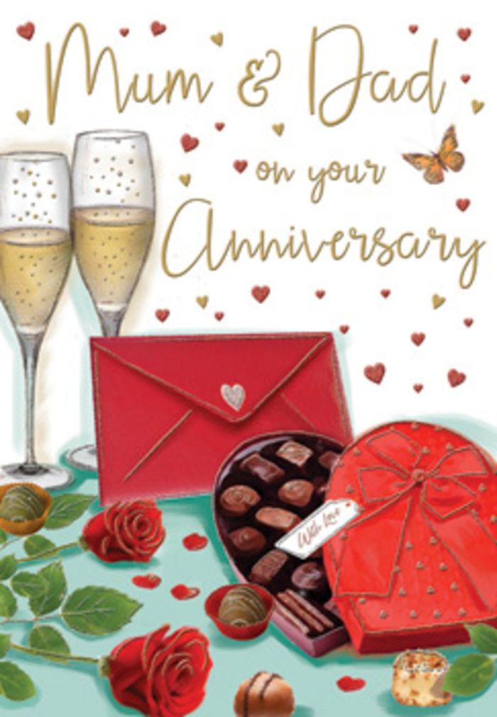 Elegant anniversary card design that feels inspired by a Forest Hill evening, where light from townhouses near Honor Oak Park spills softly onto family tables. The illustration centres on two tall, slim champagne flutes, drawn with fine clarity and filled with pale golden champagne, bubbles caught mid-rise as if moments before a joyful clink in honour of Mum and Dad. Slightly in front, a heart-shaped chocolate box in deep, romantic red lies open, its extravagant satin bow and curved edges rendered with subtle highlights, revealing neat rows of assorted chocolates, each piece shaded to capture the temptation of glossy ganache and delicate coatings. To the side, two red roses are arranged on the tabletop, their petals lush and textured, unfurling layer by layer in rich ruby tones against crisp, fresh green leaves, reminiscent of a Forest Hill Flowers anniversary bouquet delivered the same day. A few chocolates have rolled free of the box, their placement suggesting casual sharing and easy conversation. A bright, scarlet envelope lies nearby, sealed and slightly tilted, implying a handwritten message tucked inside-perhaps a loving note from children thanking their parents for years of steady guidance. The background is softened with muted cream tones, over which tiny crimson and gold hearts float like confetti, echoing the romantic occasion without overwhelming the main scene. Gentle shading and implied warm lighting give the whole composition a cosy, lived-in feel, as if set on a polished wooden table in an SE23 home, where the imagined scent of roses and chocolate mingles with laughter and the comforting rhythm of a long, shared life.
