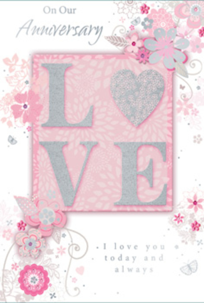 The anniversary card shown here looks as though it might be propped on a mantelpiece in a Forest Hill flat, catching the soft daylight that drifts down from the hilltop towards Honor Oak. Its main motif is the word LOVE, printed in large, capital letters across the centre. Each letter is embossed and dressed in a fine dusting of frosted glitter, in shades of blush pink, pearly white, and gentle silver. The surface appears slightly raised and textured, promising a distinctly tactile experience-like running your fingertips across the satin finish of a rose petal or the delicate grain of specialised card stock often chosen for luxury greetings. Behind and around the word, the background is a soothing, pastel pink, subtly shaded so it appears to softly glow, as if illuminated by early morning light. From the borders, graceful, hand-drawn blooms and sprigs appear to drift inward, loosely framing the central text. Their petals and leaves are illustrated in a palette of blush, mauve, lilac, ivory, and dove grey, arranged in clusters that echo the relaxed elegance of a hand-tied anniversary bouquet from a local Forest Hill florist. Fine filigree lines wind through the design like airy vines, and here and there tiny butterflies seem to hover between the blooms, almost hidden yet adding a sense of secret joy. Some lines and petal edges glimmer with faint silver accents, reminiscent of dew on garden flowers after a rainy morning in SE23. Nestled among the artwork are gentle, heartfelt words such as I love you today and always, written in a fluid, script-like typeface that feels personal, as if carefully handwritten. Taken together, the image of the card suggests enduring affection, thoughtfulness, and the quiet celebration of another year shared side by side.