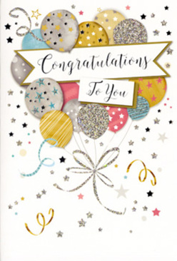 This photograph features a stylish congratulations card whose design resembles a small, contained celebration, like a thoughtful note tucked beside a bouquet from Forest Hill Flowers after sharing wonderful news. The central motif is a bouquet of illustrated balloons, their rounded shapes layered over one another so they seem to float weightlessly from the lower centre of the card towards the top. Their colour palette is soft and luxurious: brushed gold, polished silver, champagne cream, sky blue, blush rose, and grey with a whisper of lavender. Many balloons are decorated with dainty metallic patterns-rows of tiny stars, crosshatched lines, and shimmering speckles that mimic glitter without overwhelming the design, as if reflecting subtle evening light over London's rooftops. Fine balloon strings, drawn in threads of gold and silver, cascade downward in looping, interlacing curves, reminiscent of the curling ribbon ends you see tied around floral arrangements set out for delivery across Forest Hill and nearby Forest Hill station. Around the balloons, the background is animated with small metallic stars, swirling ribbons, and sprinkles of confetti, all scattered lightly over a pale, neutral ground that feels serene and airy. Cutting across the heart of the balloon cluster is a softly curved banner, its edges gently rolled, carrying the message "Congratulations To You" in fluid, decorative calligraphy. The script appears slightly raised, adding a hint of texture and shine that invites you to run your finger along each letter. The composition communicates joyful pride without shouting, making this card ideal for commemorating graduations, career milestones, new beginnings, or personal triumphs. It looks like the sort of timeless, keepsake card that would be treasured long after the bouquet has faded.