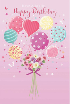 A charming birthday illustration unfolds as though it belongs to a storybook set in Forest Hill, with pastel balloons lifting a tender bouquet into a rosy sky. The background is a soft, soothing pink, echoing the glow of late afternoon over the slopes near Horniman Museum. In the upper portion of the image, rounded balloons in shades of blush, mint, lemon, and lilac gather in a cheerful cluster. Each balloon carries its own decorative flourish-candy-striped swirls, delicate polka dots, and tiny floral patterns that playfully echo the flowers below. At the base of this floating cluster sits a carefully hand-tied bouquet of fresh blooms. Petite roses and anemone-like flowers are arranged in tones of creamy white, blush pink, and muted mauve, their petals appearing beautifully textured, as if you could feel their softness with your fingertips. A slim violet ribbon, tied in a neat bow, cinches the stems, creating a refined focal point that suggests the handiwork of a skilled Forest Hill florist preparing a birthday surprise for delivery along London Road and its side streets. Around the bouquet, scattered star shapes and butterfly motifs give a sense of motion, like petals carried on a warm breeze. The composition balances playful joy with quiet elegance, evoking the feeling of being thoughtfully remembered. It is a visual representation of what a heartfelt birthday wish can look like when paired with flowers: gentle colours, airy balloons, and the comforting idea of fresh, fragrant blooms arriving at your door in SE23.