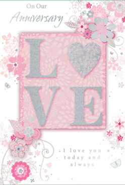 In this image, an anniversary card lies open to reveal a design that balances romance and restraint, much like the understated elegance often favoured by couples around Forest Hill and Dulwich. The focal point is the word "LOVE," set boldly at the centre in raised, shimmering letters. Each character is coated in a delicate mix of blush-pink and pearlescent glitter, with fine silver highlights that catch the light, creating gentle reflections reminiscent of candlelight on a quiet celebratory evening. The textured finish looks almost velvety, inviting touch and giving the design a three-dimensional quality. Behind the word, the background blends from pale, powdery pink at the centre to a slightly richer hue at the edges, forming a soft halo effect. Around this, clusters of stylised flowers, buds, and leafy sprays unfurl across the card, drawn with fine, deft lines in tones of pink, ivory, muted lilac, and soft grey. These illustrated blooms resemble the early planning sketches a florist at Forest Hill Flowers might make before arranging an anniversary bouquet with roses, lisianthus, and delicate filler flowers. Little curls and swirls thread between the blossoms, interspersed with the most subtle of butterfly shapes, giving the impression of light movement, as though a gentle breeze has stirred the design. Select petals and outlines are accented with touches of silver and pale metallic sheen, adding a refined sparkle that never overpowers the calm palette. Alongside the artwork, simple yet heartfelt script phrases celebrate the couple's shared journey and continued affection, written in an elegant, looping font that complements the flowing lines of the florals. The card overall conveys a sense of cherished intimacy-a visual expression of love that has deepened quietly over time, much like roots beneath the gardens and green spaces of Forest Hill.