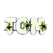 A solemn, hand-crafted floral tribute spells out the name TOM in three-dimensional letters, each letter lavishly covered in soft, pillowy white chrysanthemums. The tiny, pristine blooms are placed so densely that they form a gentle, tactile surface whose pale petals seem to glow in soft, diffused light. A narrow royal blue ribbon traces the crisp edges of each letter, offering a dignified frame that sets the whites in sharp relief and gives the composition an understated, formal air. Nestled within the lower and central areas of each letter are small, symmetrical sprays - each anchored by a single deep red rose whose velvety bloom reads as an emblem of love and sorrow. Alongside the red roses sit sprays of creamy ivory buds and delicate spray roses, their subtle perfume suggesting quiet remembrance. Slender fern fronds and lush green foliage weave through the clusters, introducing a cool, textured contrast against the white chrysanthemum backdrop. The letters rest on a dark green or black metal support barely visible beneath the base, an honest hint of the structure that keeps the tribute upright during a service. Against a clean white background the colours - white, royal blue, deep red and fresh green - remain crisp and composed. As a funeral display intended for a chapel service, graveside farewell or a memorial at Horniman Museum gatherings in Forest Hill, this arrangement reads as both a message and a comfort: precise craftsmanship, reverent colour choice, and a quietly comforting presence for those gathering to remember.