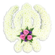 A large Sikh Khanda floral tribute dominates the frame, standing out clearly against an uncluttered white background so that the viewer's eye is drawn immediately to its symbolic form. The entire body of the Khanda-the vertical central sword, circular chakkar, and gracefully arched kirpans-is composed of small white chrysanthemums arranged in dense, unbroken clusters. Each bloom's many slender petals form a soft, almost ruffled surface that softens the strong geometry of the symbol, turning it into something both powerful and tender. The whiteness of the flowers is near uniform, with just the faintest hint of cream in places, catching the light like a gentle glow on a quiet morning above the rooftops of Forest Hill. At the lowest point of the design, cradled within the downward-facing blades of the kirpans, an accent of colour provides a focal point. Several pink roses, partially open and velvety, gather closely together to form the core of this cluster, their rounded shapes and warm hue suggesting love and remembrance. Set between and around them are small, deep purple or violet blooms-possibly lisianthus or similar-with slightly ruffled petals that add interest and solemn richness. Slender fern fronds and glossy green leaves extend from beneath the flowers, creating a natural frame that grounds the arrangement. The overall design appears freshly made, the petals unblemished and vibrant, as though a Forest Hill florist has just completed it for same-day delivery to a gurdwara or family gathering. The tribute conveys deep respect for Sikh faith and tradition, offering a serene, floral expression of sympathy and spiritual farewell.