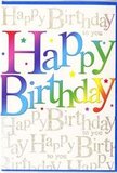 The birthday card shown here is a joyful, colourful statement piece, as vibrant as a weekend market scene near Forest Hill station. Dominating the front, the words Happy Birthday stretch across in big, soft-edged letters, each one bathed in a different bright colour. The hues move fluidly from deep red and pink to sunny orange and yellow, then ease into lively greens, clear blues, and finally rich purples, creating a smooth rainbow gradient that feels both playful and harmonious. Within each letter, subtle shading and highlights add a rounded, almost cushion-like depth, giving the impression that the text could be gently pressed with a fingertip. Dancing around these bold words are tiny stars and specks in coordinating colours, scattered lightly across the card surface like confetti sprinkled over a party table. The background introduces a more refined layer of detail: it's filled with repeated lines of Happy Birthday to you penned in delicate, looping gold script. The golden writing carries a fine, glittery sheen that catches the light, offering a soft sparkle similar to candles reflected in a Forest Hill window at night. The finish of the card appears smooth and lightly glossy, with the combination of vivid rainbow lettering and shimmering script creating an engaging sense of depth. This design feels modern, warm, and full of life-the kind of card someone in Forest Hill might pair with a bouquet from a trusted local florist, sending it to a friend on London Road or up near Horniman Gardens as a bright, heartfelt part of their birthday surprise.