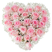 A dense, heart-shaped bouquet formed entirely from soft pink roses and drifting clusters of white baby's breath fills the frame against a pure white backdrop. The roses range from the palest blush at the petal edges to a slightly deeper rose tone at their centres, each bloom captured at a different stage - some tightly furled, some rounding into full, velvety cups - so the surface of the heart reads as a sumptuous, tactile carpet of petals. Tiny, cloud-like sprigs of gypsophila are woven throughout and around the roses, their pinpoint white flowers creating an airy lace that both softens the edges of the heart and gives the composition a delicate halo against the clean light. The overall effect is quietly romantic and very tactile: you can almost feel the satiny touch of the petals and smell the faint, sweet rose perfume that would rise from the arrangement in cool morning air. Bright, even lighting emphasises the gentle colour gradation and the meticulous placement of each stem, calling attention to the symmetry and care behind the design. As a florist in Forest Hill I picture this arrangement placed near the Horniman Gardens for an intimate anniversary moment or delivered to a home on Dartmouth Road to eloquently say with all my love. It reads as a classic symbol of affection - suitable for weddings, Valentine's Day, or a tender expression of sympathy - and shows the sort of craftsmanship local customers expect when ordering delicate, heart-shaped designs for special occasions around Forest Hill.