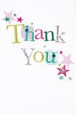 With its gentle exuberance, this thank you card carries an unmistakable sense of joy-each element crafted to brighten another's day, echoing the welcoming spirit found across Forest Hill. The message 'Thank You' dances in lively, colourful typography: letters shimmer in silver, gold, leaf green, sun-bright yellow, and calm blue. Some boast dots or delicate stitched patterns, lending a uniquely handmade feel reminiscent of local stalls at Blythe Hill Fields. Radiant stars in pink, teal, and silver orbit the message, giving a sense of easy celebration-like confetti tossed after a birthday picnic in Horniman Gardens. Against the backdrop of flawless white, the playful scattering of letters and stars feels natural yet refined, never too crowded. This card evokes both whimsy and heartfelt sincerity, perfect for returning a neighbour's kindness or sending thanks to teachers at Fairlawn Primary. You can almost picture it peeking out from a fresh Forest Hill bouquet, the gratitude shimmering off the page and into the recipient's heart.