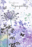 This sympathy card reads like a gentle visual poem, echoing the peaceful mood of Forest Hill at dusk when the sky cools to lilac and the streets begin to fall quiet. Airy silhouettes of wildflowers stretch upwards from the lower edge of the card, their fine stems and intricate umbels painted in layered shades of lavender, indigo, soft blue, and muted green. Each cluster of tiny florets feels both detailed and light, as though the petals could dissolve into the air at any moment. The background is a soft wash of watercolour, where pale purples and silvery greens merge into one another, creating the impression of a distant meadow softened by evening light. Here and there, butterflies hover near the blooms, their wings delicately shaded and gently outlined, suggesting transformation and a comforting presence that remains even after loss. The overall palette is cool yet consoling, with carefully balanced tones that soothe the eye, much like the calming greenery around Horniman Gardens. The card's gentle gradients and soft edges create a feeling of depth without any sharpness, allowing the entire scene to feel like a tender exhale. Across this serene floral backdrop, the words With Sincere Sympathy appear in elegant script, resting above the flowers without dominating them. As a florist at Forest Hill Flowers, I recognise in this design the same quiet care we put into our condolence arrangements: respectful, nuanced, and full of unspoken kindness. It offers a soft-spoken way to say you are thinking of someone in their grief, wrapping your message in nature's reassurance and the enduring beauty of simple, graceful blooms.