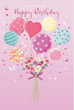 An enchanting birthday design shows a bouquet of balloons and flowers that appears to rise gently into a soft pink sky above Forest Hill. The background is a warm, velvety blush, evoking the gentle tone of early evening over Horniman Gardens. In the top half of the image, rounded balloons cluster together in pastel shades of rose, mint, pale yellow, and lavender. Each one is decorated with delightful detail: swirling stripes like ribbons in motion, scattered polka dots that dance across the surface, and tiny floral designs that mirror the blooms below. At the centre of this cluster, a heart-like shape adds a quiet note of affection. Beneath the balloons, a compact hand-tied bouquet acts as the anchor, composed of small roses and anemone-style blossoms in creamy ivory, blush pink, and muted mauve. Their feathery petals are layered and full, suggesting freshness and a soft, comforting fragrance, as though they have just been arranged for a same-day delivery along Dartmouth Road. A violet satin bow ties the stems neatly, its smooth texture catching the light in polished highlights. Around the bouquet, little stars and butterfly silhouettes seem to drift by, adding a hint of magic, like watching petals carried on a breeze through quiet SE23 streets. The composition feels light, modern, and warmly nostalgic, perfectly capturing the mood of a thoughtful birthday wish expressed through pastel colours, imagined perfume, and the artistry of carefully chosen blooms.