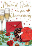 Atmospheric anniversary card illustration that brings to mind an intimate Forest Hill celebration, as if the scene were arranged on a dining table after dinner. At the heart of the design, two elegant champagne flutes stand nestled together, filled with a soft golden fizz, the rising bubbles delicately rendered to suggest motion and anticipation of a toast shared between Mum and Dad. Resting before them is a sumptuous heart-shaped box of chocolates, its deep red casing and luxurious bow slightly open to reveal a tidy selection of glossy truffles, carefully shaded to evoke rich flavours and smooth textures. To one side, two red roses are laid out with natural grace, their velvety petals unfolding in dense, romantic layers, complemented by fresh green foliage reminiscent of a freshly delivered Forest Hill bouquet from a florist on London Road. A handful of individual chocolates are scattered nearby, some resting upright, others tipped on their sides, adding a relaxed, homely touch. A bold scarlet envelope, sealed and positioned prominently, hints at a handwritten anniversary message full of love, gratitude, and family memories, perhaps written while gazing out at the leafy streets or the slopes near Horniman Museum. Floating above this still life, delicate red and gold hearts drift across a warm, softly lit background, giving the impression of gentle sparkle, like fairy lights in an SE23 window. The composition radiates affection and quiet celebration, inviting you to imagine the scent of roses, the sweetness of shared chocolate, and the sound of champagne glasses meeting in honour of years of partnership and parenthood in Forest Hill.